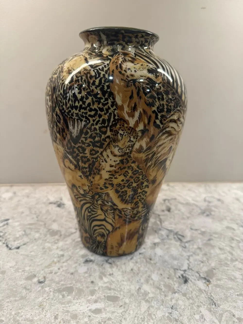 Vintage Porcelain Art Pottery Vase Safari Animal Print Brown Black 9